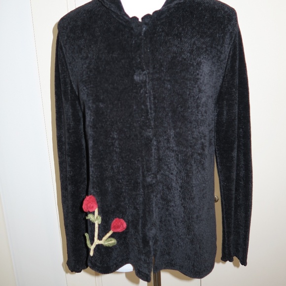 Coldwater Creek Black Size M Chenille Cardigan Sweater with Red Rose Detail - Picture 1 of 7